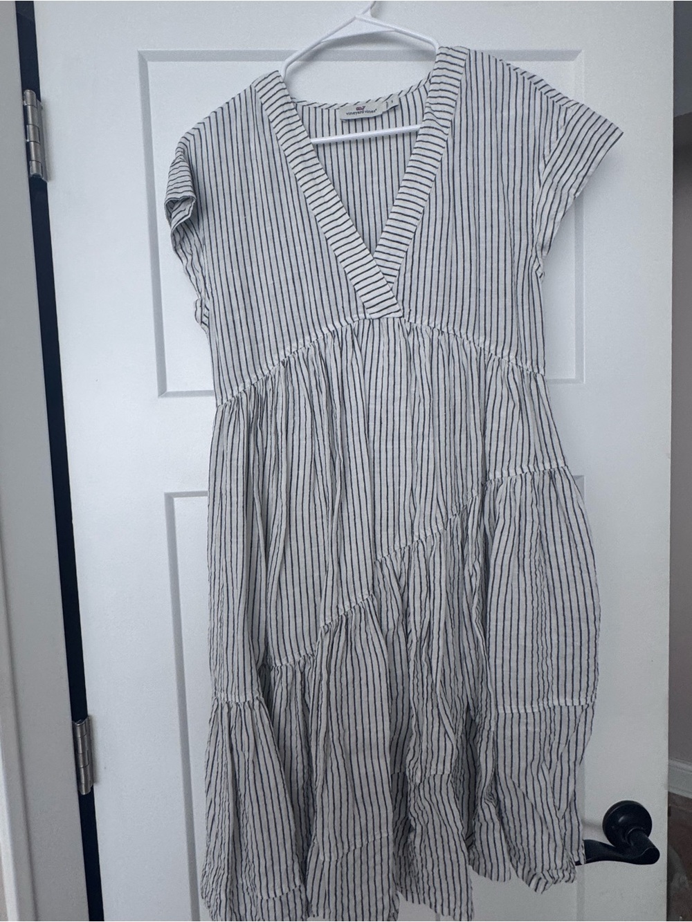 Vineyard Vines White and Navy Striped V-Neck Tiered Dress